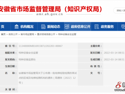 安徽省市場監(jiān)管局關(guān)于公布第一批電梯檢驗檢測改革試點的區(qū)域及電梯檢測機構(gòu)的通告