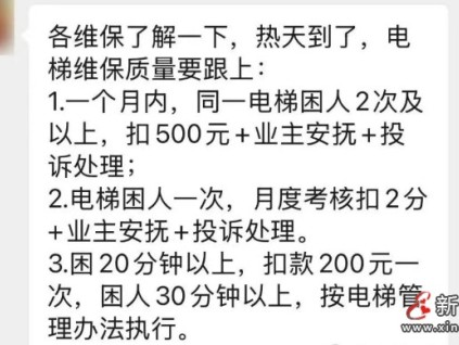 網(wǎng)傳：某地某小區(qū)物業(yè)給小區(qū)電梯維保發(fā)的新規(guī)定 一個(gè)月內(nèi)同一電梯困人2次及以上扣500元