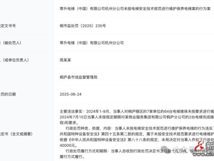 蒂升杭州分公司未按技術(shù)規(guī)范維保電梯被罰款4萬(wàn)元