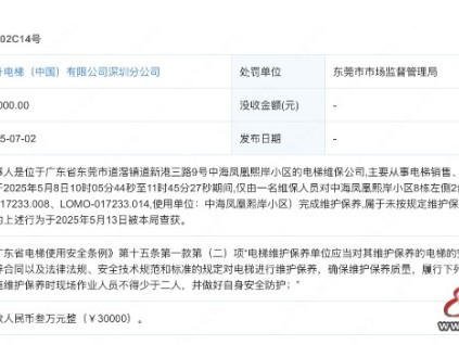蒂升電梯深圳分公司僅一人對(duì)2臺(tái)電梯完成維護(hù)保養(yǎng) 被罰款3萬(wàn)元