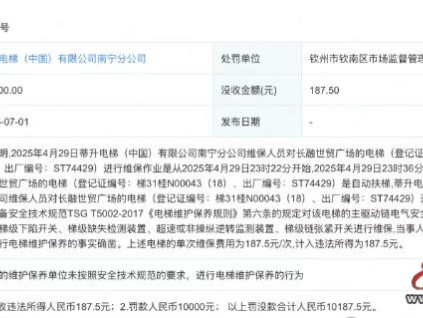 蒂升電梯南寧分公司未按技術規(guī)范進行電梯維保 罰款1萬元