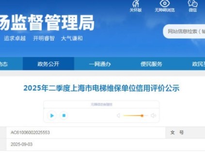 上海市市場(chǎng)監(jiān)管局發(fā)布2025年二季度電梯維保單位信用等級(jí)名單