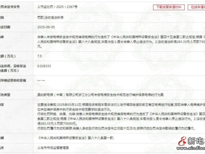 奧的斯電梯浙江分公司因維保違規(guī) 被罰7.5萬元并沒收違法所得283.33元